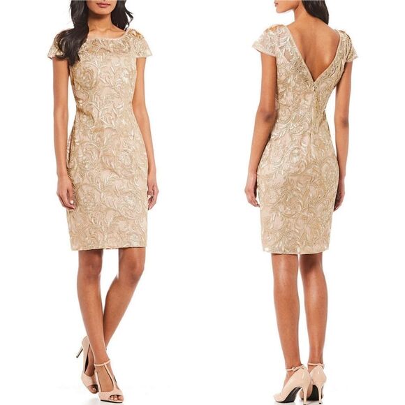 New! CALVIN KLEIN Women's Soutache Beaded Shoulder Dress V-Back Size 2 Gold - Picture 1 of 7